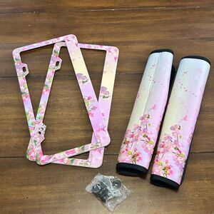 Pink Floral Cherry Blossom License Plate Holders and Seatbelt Cushions